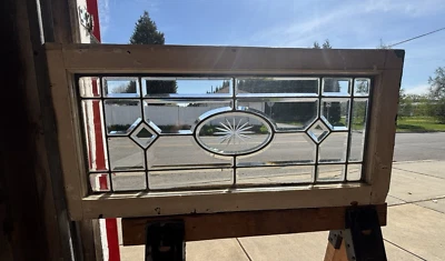 ~ ANTIQUE FULL BEVELED TRANSOM WINDOW IN ZINC WHEEL CUT ETCHED ~ 35 X 17 SALVAGE - Image 1 of 4