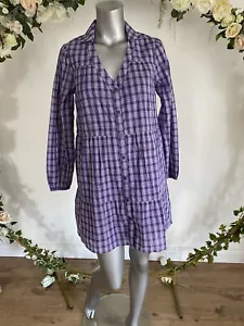 Influence Dress Size 10 Purple Cotton Check Long Sleeve Smock Dress KK92 - Picture 1 of 9