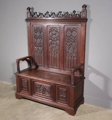 72" Tall Antique French Gothic Revival Oak Wood Bench/Settee/Chair Highly Carved - Image 1 of 4