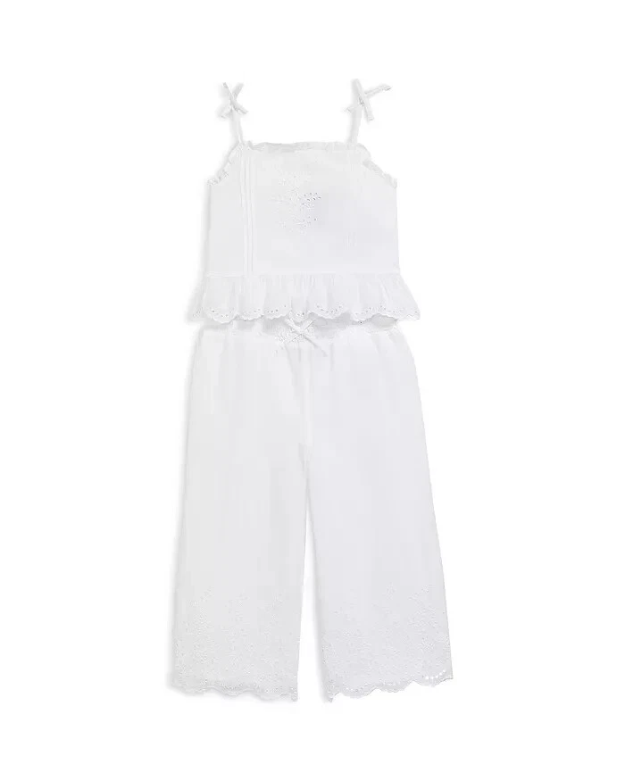 Polo Ralph Lauren Eyelet Embroidered Top & Pants Set Girls 6X White Sleeveless - Image 1 of 4