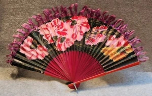 Antique Made in OCCUPIED JAPAN Hand Painted Paper Fan on Wood Frame With Tassles - Picture 1 of 9
