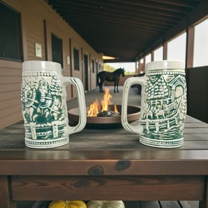 Two Vintage Ceramic Horse & Wagon Green And White Beer Steins Made In Brazil - Picture 1 of 10