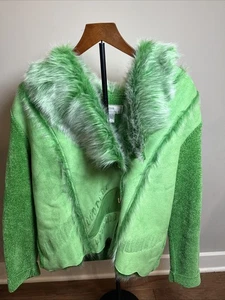 Lisa International Green  Women’s  Size L Faux Fur Collar trim Jacket - Picture 1 of 12