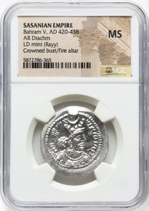 Imperio Sasánida AD 420-438 AR Dracma Bahram V LD Como Nuevo (Rayy) NGC MS - Imagen 1 de 2