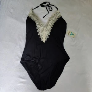 NWT Sea Angel Black Cream Lace V-Neck One Piece Halter Bathing Suit  Womens M  - Picture 1 of 14