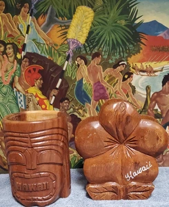 Vtg Wood Carved Hibiscus Napkin Holder + Carved Wood Tiki God Tumbler Mug Hawaii - Picture 1 of 15