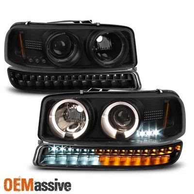 Luces principales halo ahumadas negras para GMC Sierra Yukon 1999-2006 + luces de parachoques LED Foto 1 de 4