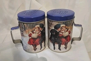 Vintage Kids On A Swing Winter Scene Tin 4" Tall Salt & Pepper Shaker Set - Picture 1 of 7