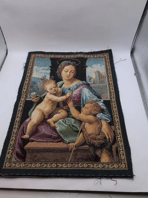 Italian Woven Tapestry Mother With Child Angels Cherub 14x10" - Image 1 of 4