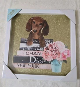 Oliver Gal Red Dachshund Fashion Books Gold Shadow Glass Box Wall Art 14x14 - Picture 1 of 6