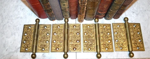 One Antique Pair Yale and Towne Y&T Bronze Hinges Hardware Acanthus Rosette Cover
