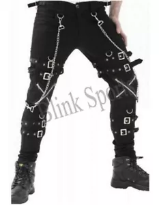 Men's Handmade Gothic Buckles Zips Chains Straps Black Trousers Cyber Punk Pants - Picture 1 of 4