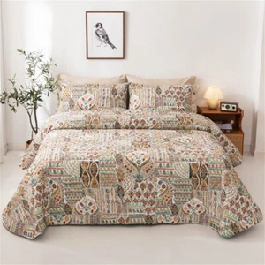 Leaf Brown Patchwork Quilt Bedspread Coverlet Throw Rug Queen/King 100% Cotton - Picture 1 of 11