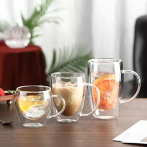 2Pcs Double Wall Insulated Glass Coffee Glass Mug Tea Cup Handle 250/350/450ml - Picture 1 of 12