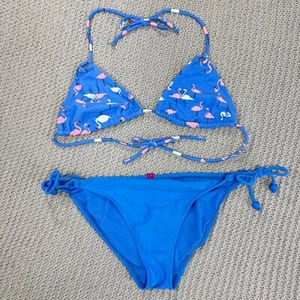 Vtg Y2K Triangle String Bikini Swimsuit 2 Piece Halter M Op Flamingo Cabana Blue - Picture 1 of 10