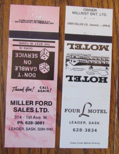 LEADER, SASKATCHEWAN STREICHHOLZSCHACHTELHÜLLEN: MILLER FORD & FOUR L MOTEL STREICHHOLZHÜLLEN -D - Bild 1 von 1