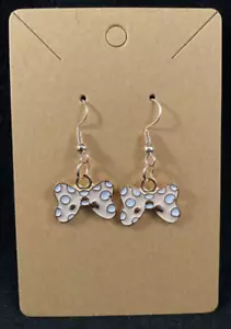 Pink Bow W/ White Poka Dots Earrings - Dangle - Gold Hook - Handmade - Picture 1 of 3