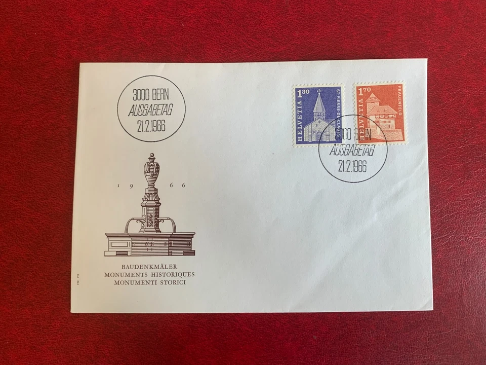 SWITZERLAND 1966 FDC MONUMENTS ST PIERRE DE CLAGES CHURCH FRAUENFELD CASTLE - Image 1 of 1