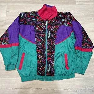 Vintage Casual Isle Geometric 80s Windbreaker Teal Purple Full Zip Size Medium - Bild 1 von 9
