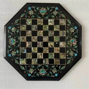 12" Elegant Square Black Marble Chess Set Vanity Top with Pcs Handmade Arts Deco - Picture 1 of 9