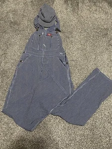 Vintage Dickies Overalls Mens 32x32 Blue White Hickory Stripe Workwear USA W HAT - Picture 1 of 19