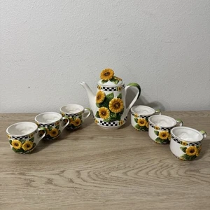 Cardia 3D Sunflower and Checkers Ceramic Teapot with 6 Tea Cups Cottagecore - Picture 1 of 23