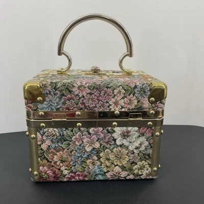 DELILL Vintage Años 60 70 Tren Estuche Caja Cartera Rosa Multicolor Floral Tapiz Dorado Foto 1 de 4