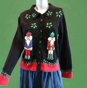NUTCRACKER HOLIDAY CARDIGAN- VTG Embellished Sequins Embroidered Holly Wow!--PS - Picture 1 of 13