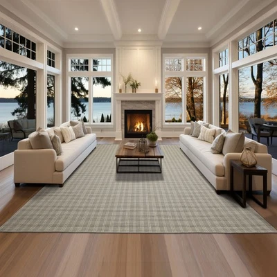 Alfombra de lana tejida a mano gris talla múltiple a cuadros moderna Flatweave Foto 1 de 4