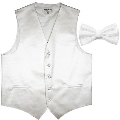 New men's tuxedo vest waistcoat_bow tie horizontal stripes wedding white formal - Image 1 of 3