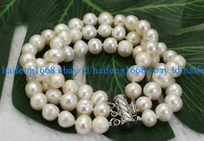 3 Reihen Echte 8-9mm Natürlich Weiß Süßwasser Kultiviert Rund Perle Armband 19cm - Bild 1 von 4