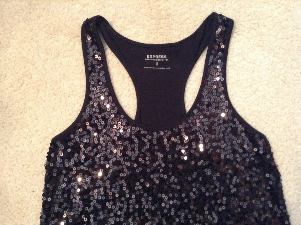 Б/у в отличном состоянии! Женская майка Express Dream Weight из хлопка черная/коричневатая с блестками размер XS/TP - Изображение 1 из 4