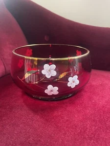 Vintage Mid 20th Century Mod Bohemia glass Fruit Bowl Ruby Red Retro Gold Rim - Picture 1 of 7