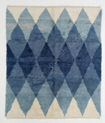 Hand-Knotted Contemporary Tulu Rug with Interlocking Blue Diamonds. 100% Wool - Image 1 of 4