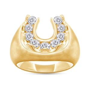 Mens Lucky Horseshoe Ring Round Cut Simulated Diamond 14K Yellow Gold Plated - Picture 1 of 8