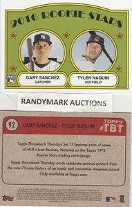 Gary Sanchez YANKEES Tyler Naquin INDIANS TOPPS 2016 THROWBACK TBT 92 SP 644 RC - Foto 1 di 3