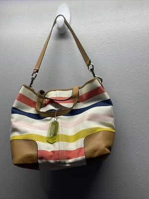 Bolso Cartera Coach Bolso de Lona a Rayas Cuero Blanco Marrón M1382-F30041 Foto 1 de 4