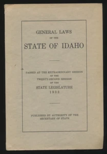 Leyes Generales del Estado de Idaho 1933 Sesión Extraordinaria 22 Legislatura PB - Imagen 1 de 6