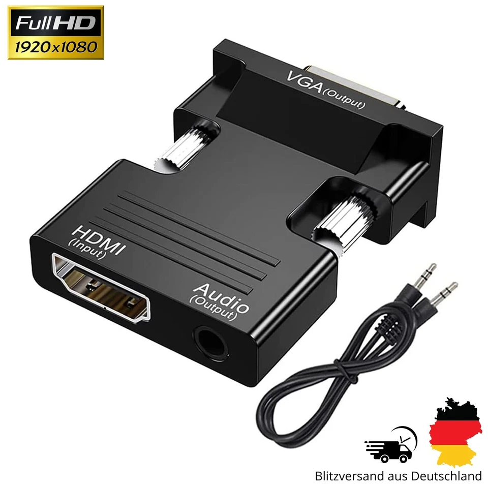 HDMI zu VGA Adapter Konverter Full HD 1080p 60Hz Audio/Videokabel für PC, Laptop - Bild 1 von 4