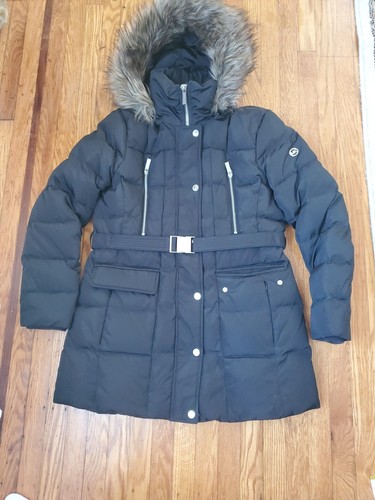 Michael Kors pelliccia cappuccio invernale puffer nero e argento giacca metallo 31" DONNA TG L