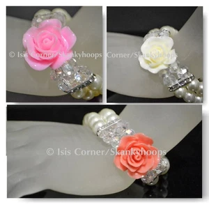 FASHION DOUBLE BEAD STRAND PEARLS AND CRYSTAL ROSE CHARM WOMENS STRETCH BRACELET - Picture 1 of 18