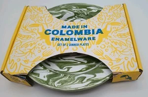 Enamelware Plates Set Of 2 Colombia Green Marbles Hand Painted Steel Camping - Picture 1 of 7