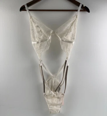 Victoria’s Secret Lace Teddy Unlined Bodysuit w/ Rhinestone Strap Ivory XL NWT - Image 1 of 4