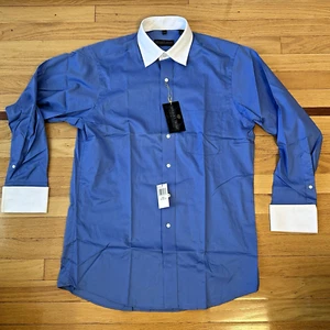 Donald J Trump Blue Button Up Shirt White Collar French Cuff Size 15 32/33 - Picture 1 of 21