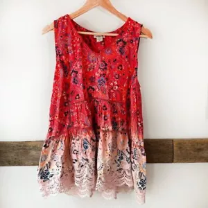 Lola P. Red Pink Lace Bohemian Tunic Top Paisley Floral L Tiered - Imagen 1 de 7