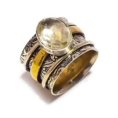 Lemon Quartz Gems Antique Handmade Oxidised Two Tone Meditation Spin Ring US-6 - Image 1 of 2