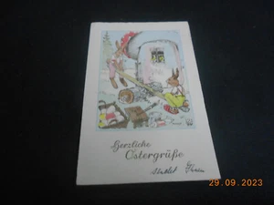 Hermosa tarjeta saludos de Pascua conejos columpio 1940 correo de campo - Imagen 1 de 2