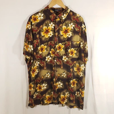 Camisa de acampamento havaiana Marc Edwards tamanho XL motocicleta floral botão para cima preta amarela - Imagem 1 de 4