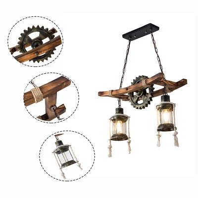 Rustic Wood Chandelier Farmhouse Loft Retro Pendant Light Ceiling Fixture Lamp - Image 1 of 4