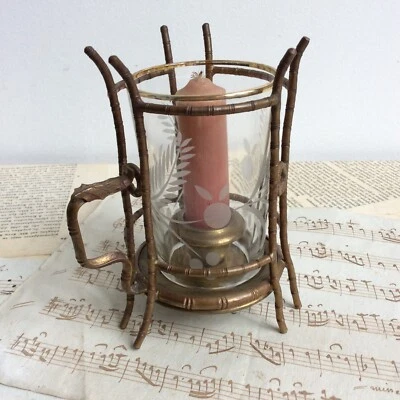 Passe-Couloir Ancien Bougeoir à Main Façon Bambou Bronze Doré XIXè Napoleon III - Photo 1/4